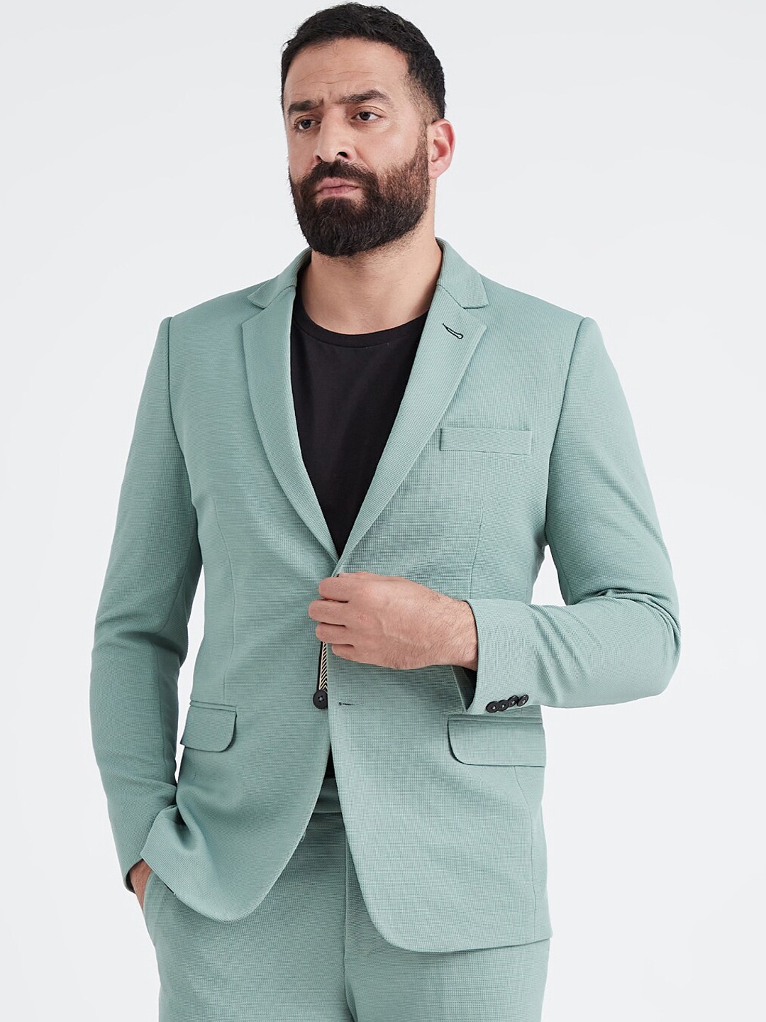 

MR BUTTON Men Green Solid Single Breasted Slim-Fit Formal Blazer