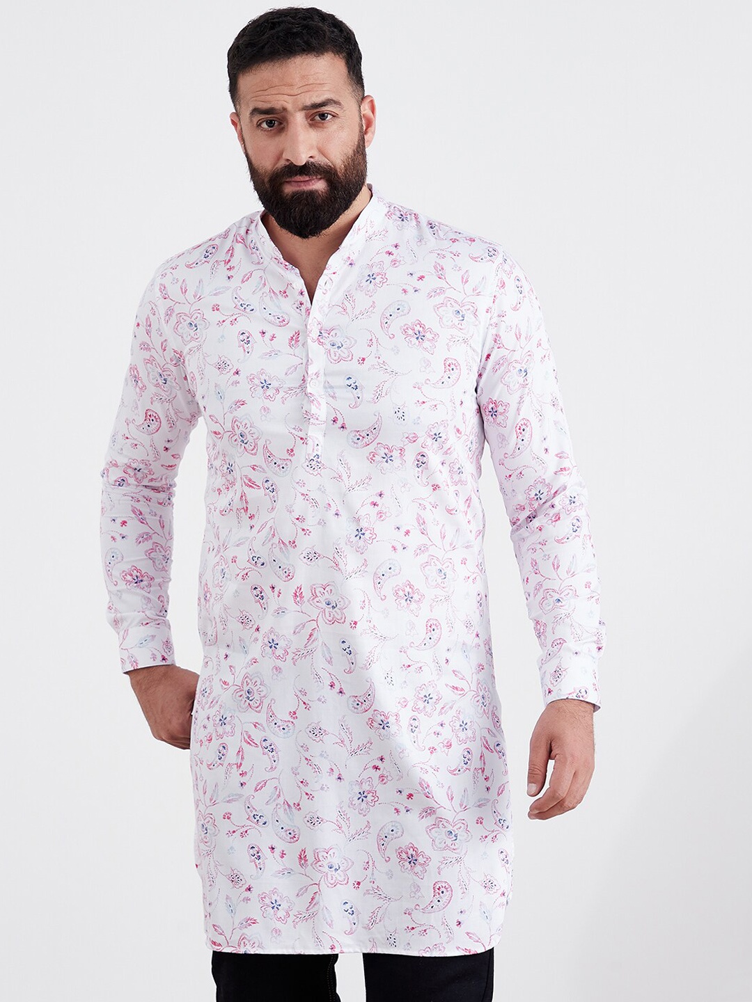 

MR BUTTON Men White Floral Printed Kurta