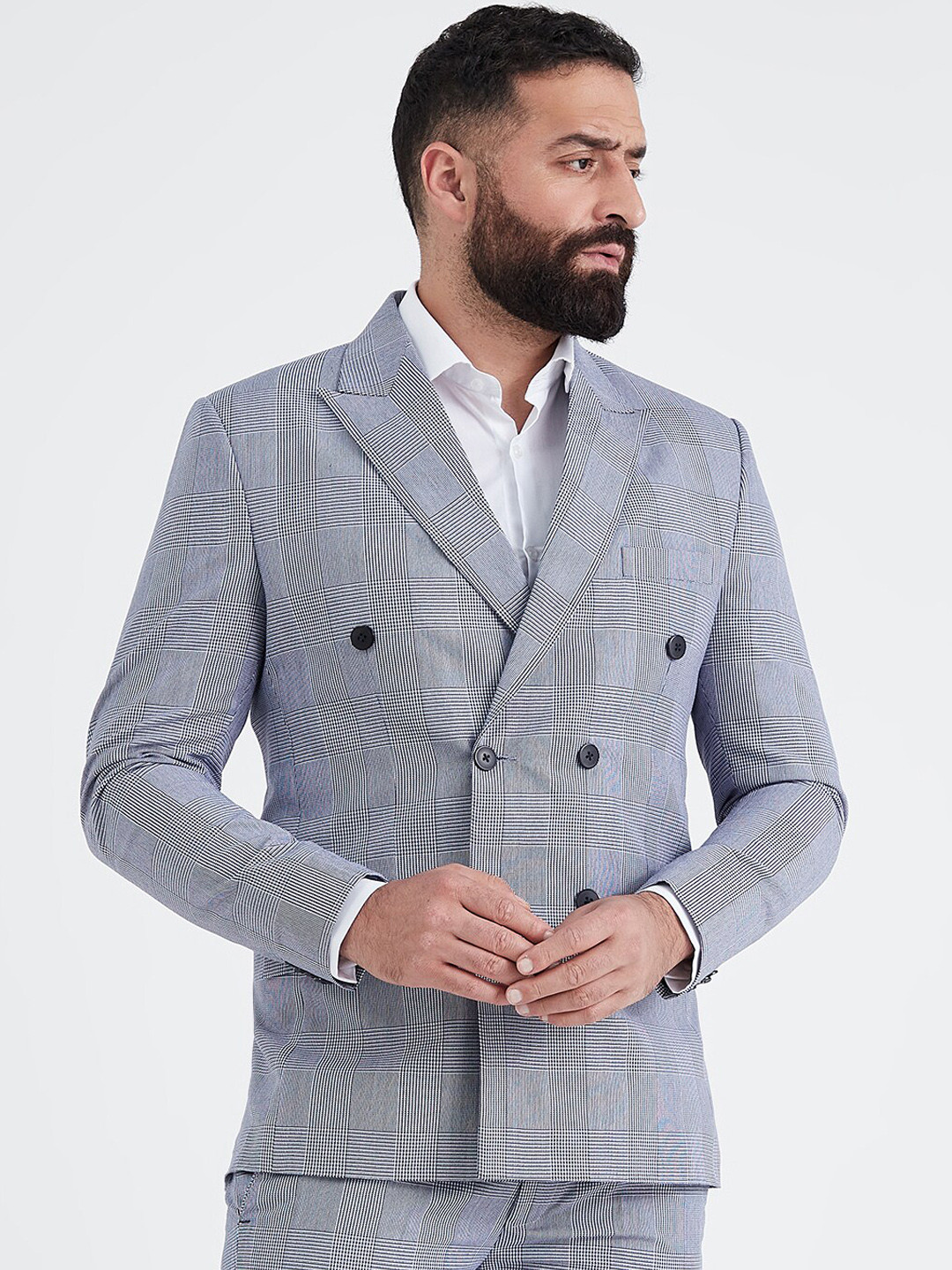 

MR BUTTON Men Grey Checked Slim-Fit Double-Breasted Cotton Formal Blazers