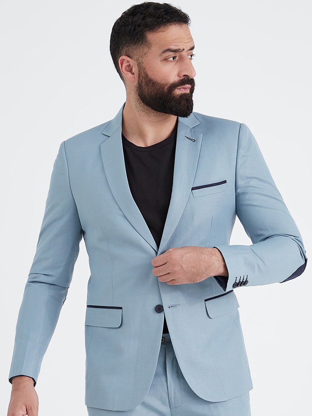 

MR BUTTON Men Blue Solid Single-Breasted Slim-Fit Formal Blazer