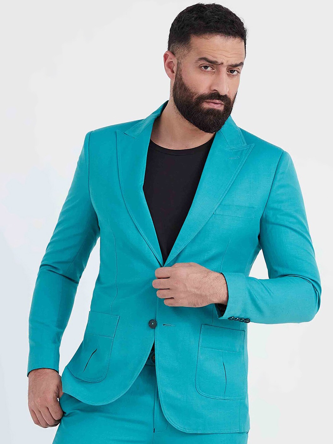 

MR BUTTON Men Teal Blue Solid Single Breasted Slim-Fit Blazer