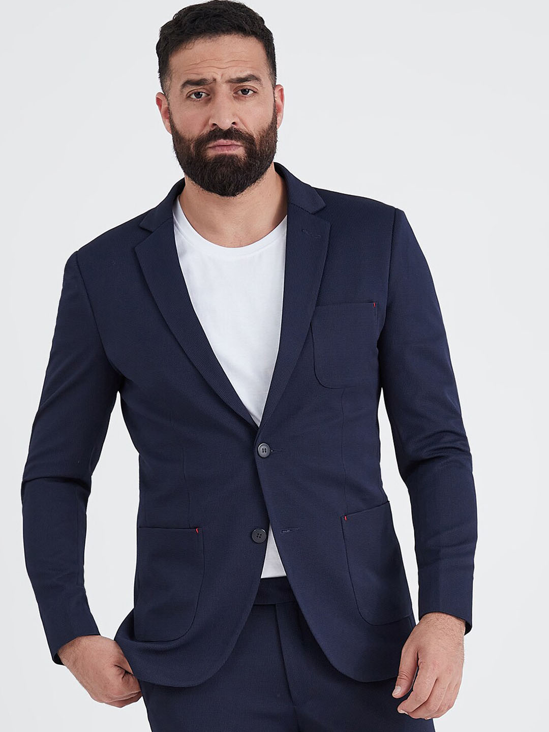 

MR BUTTON Men Navy Blue Solid Single Breasted Slim-Fit Blazer