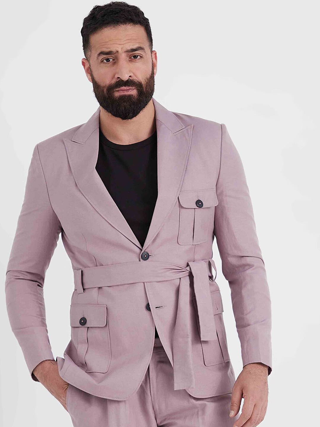 

MR BUTTON Men Lavender Solid Slim-Fit Linen Cotton Single Breasted Blazer