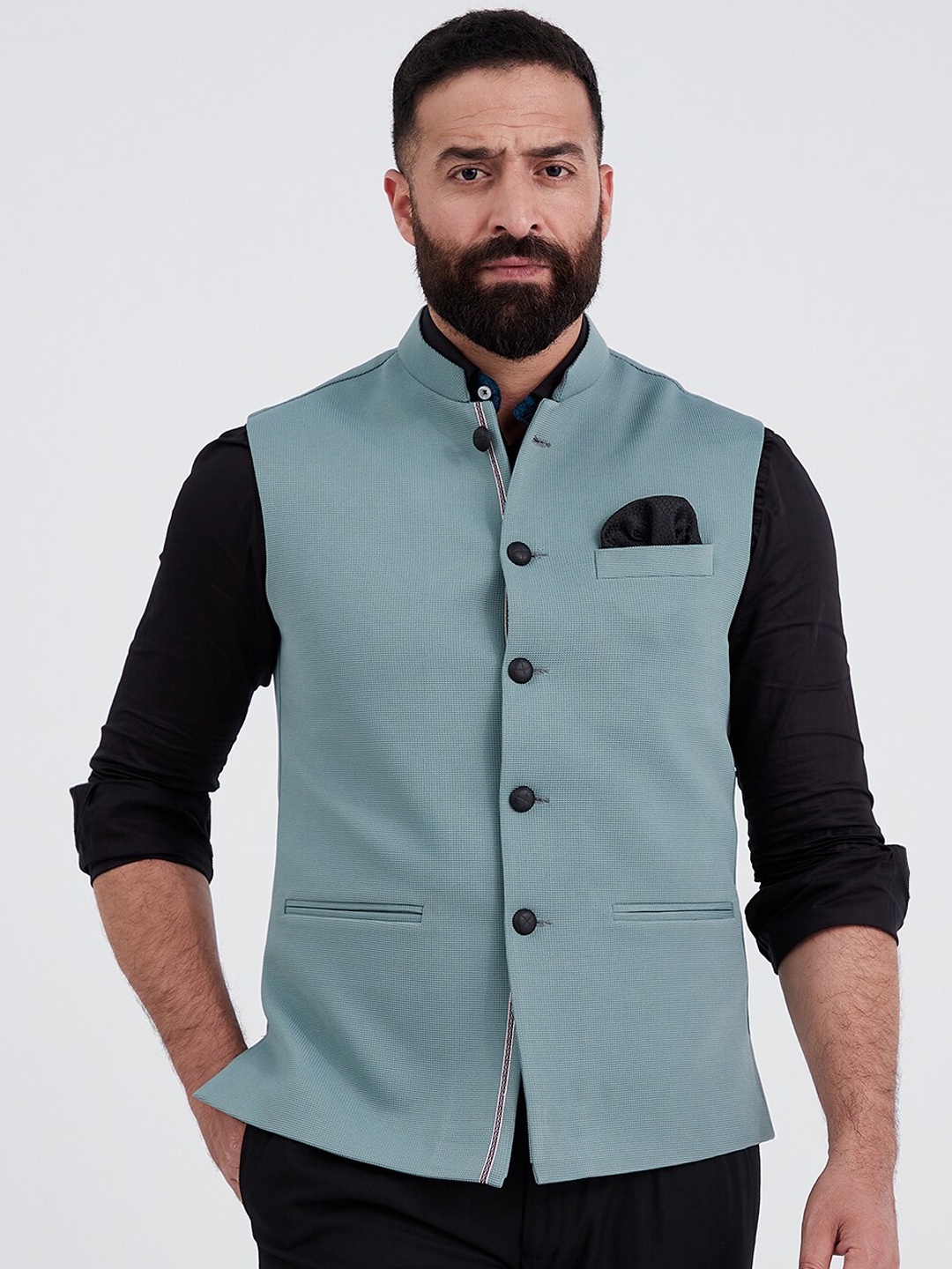 

MR BUTTON Men Green Solid Woven Nehru Jackets