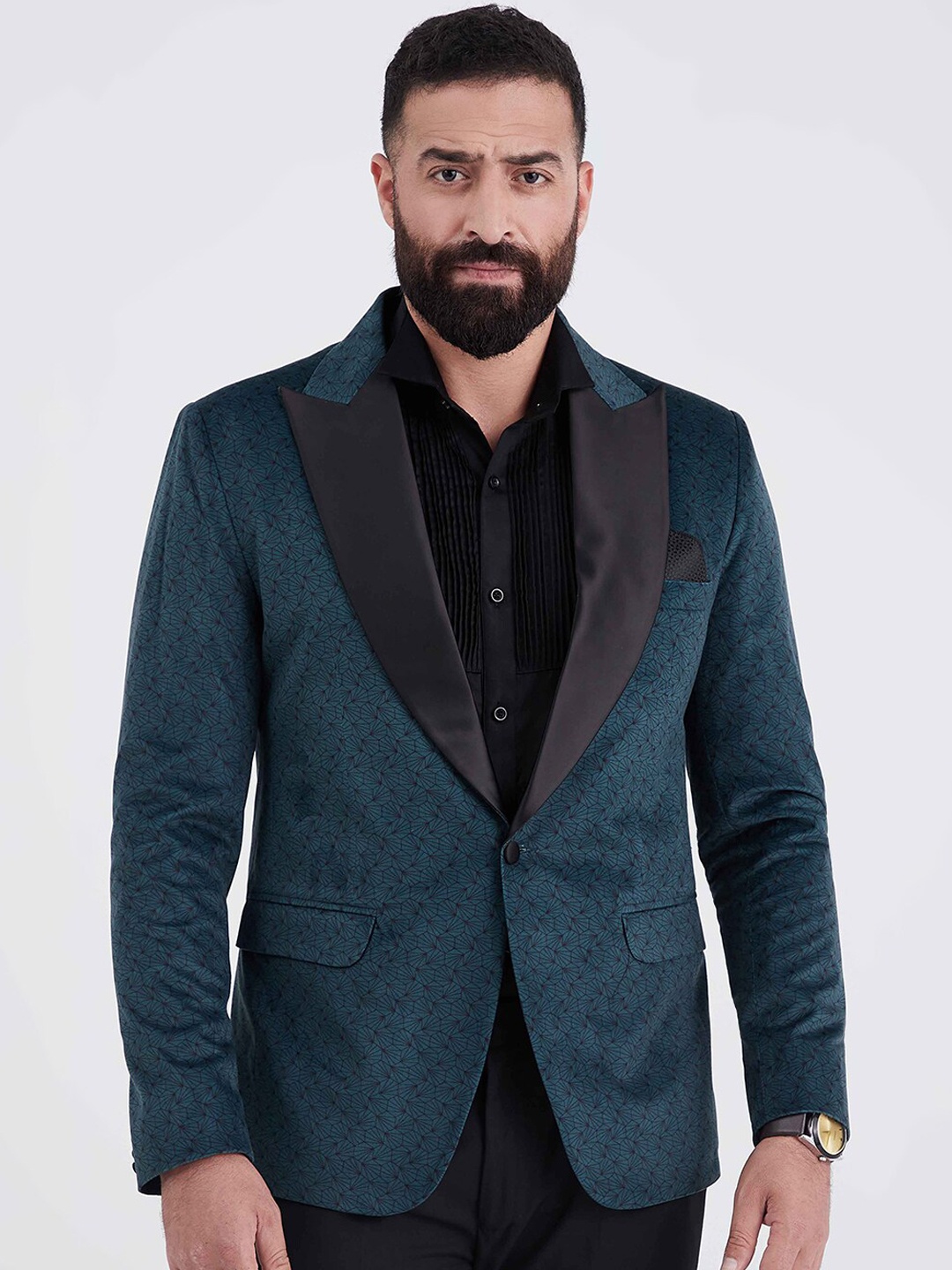 

MR BUTTON Men Green Printed Slim-Fit Single-Breasted Blazer
