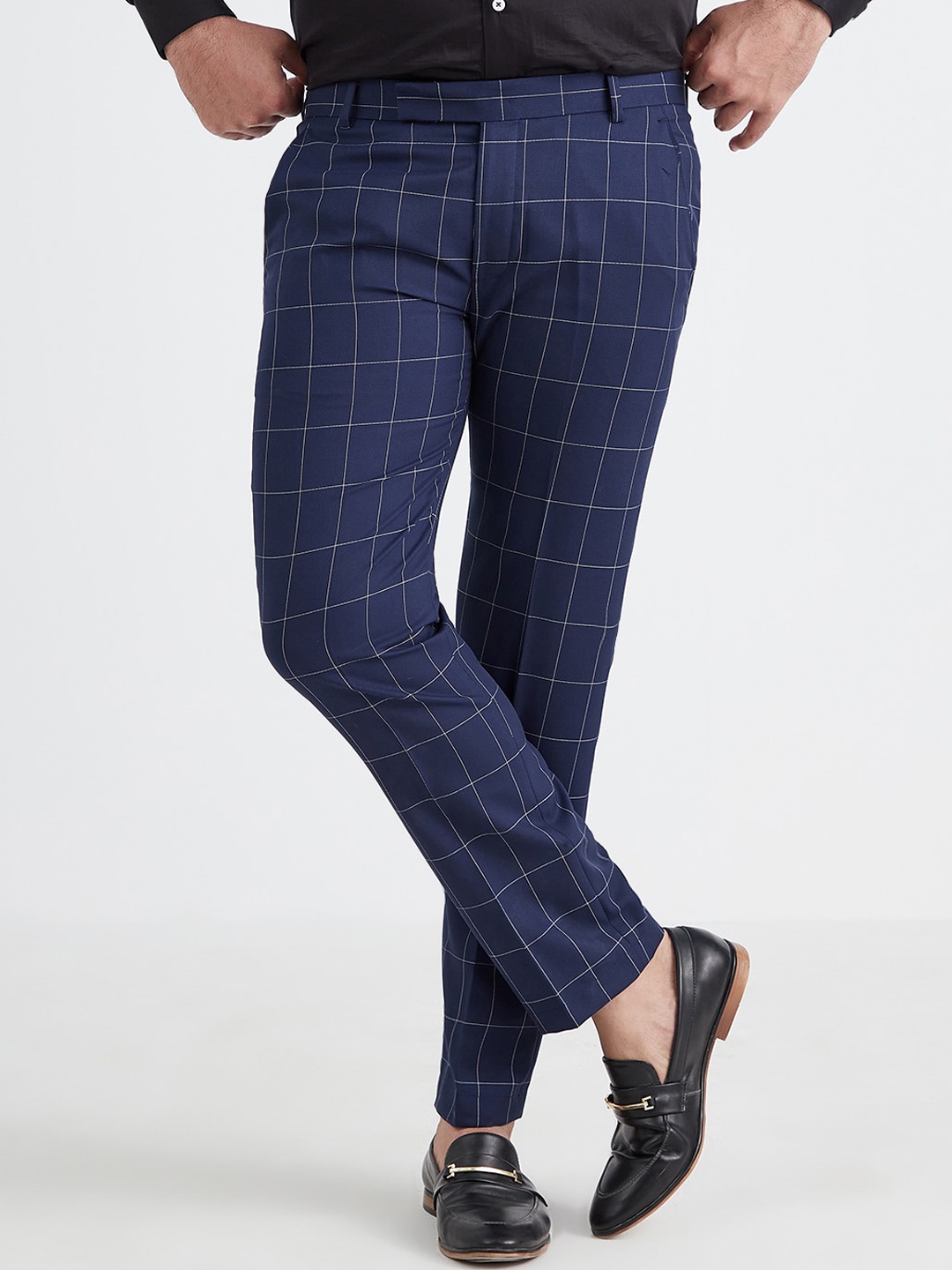 

MR BUTTON Men Navy Blue Checked Slim Fit Formal Trouser