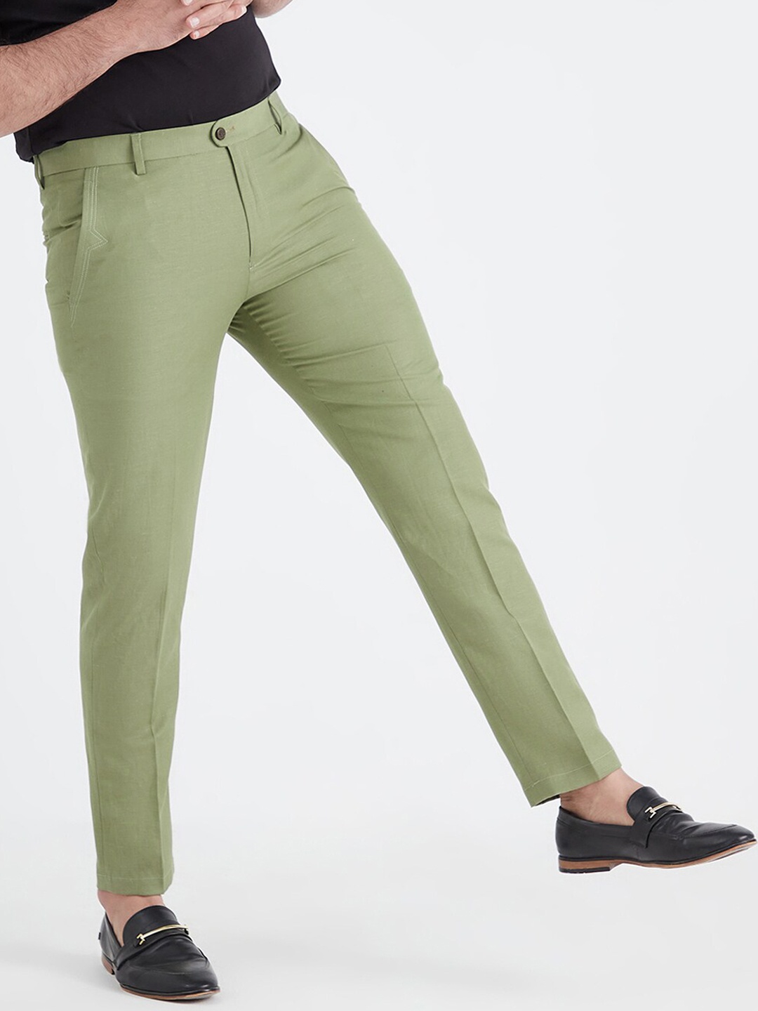 

MR BUTTON Men Olive Green Slim Fit Trousers