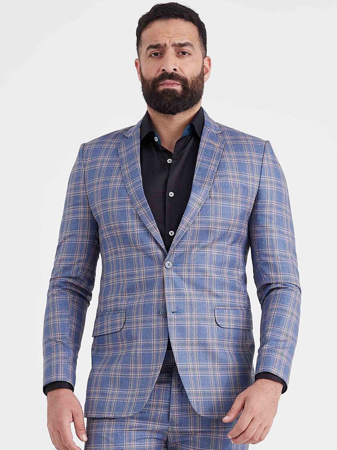 

MR BUTTON Men Purple Checked Slim Fit Single-Breasted Blazers