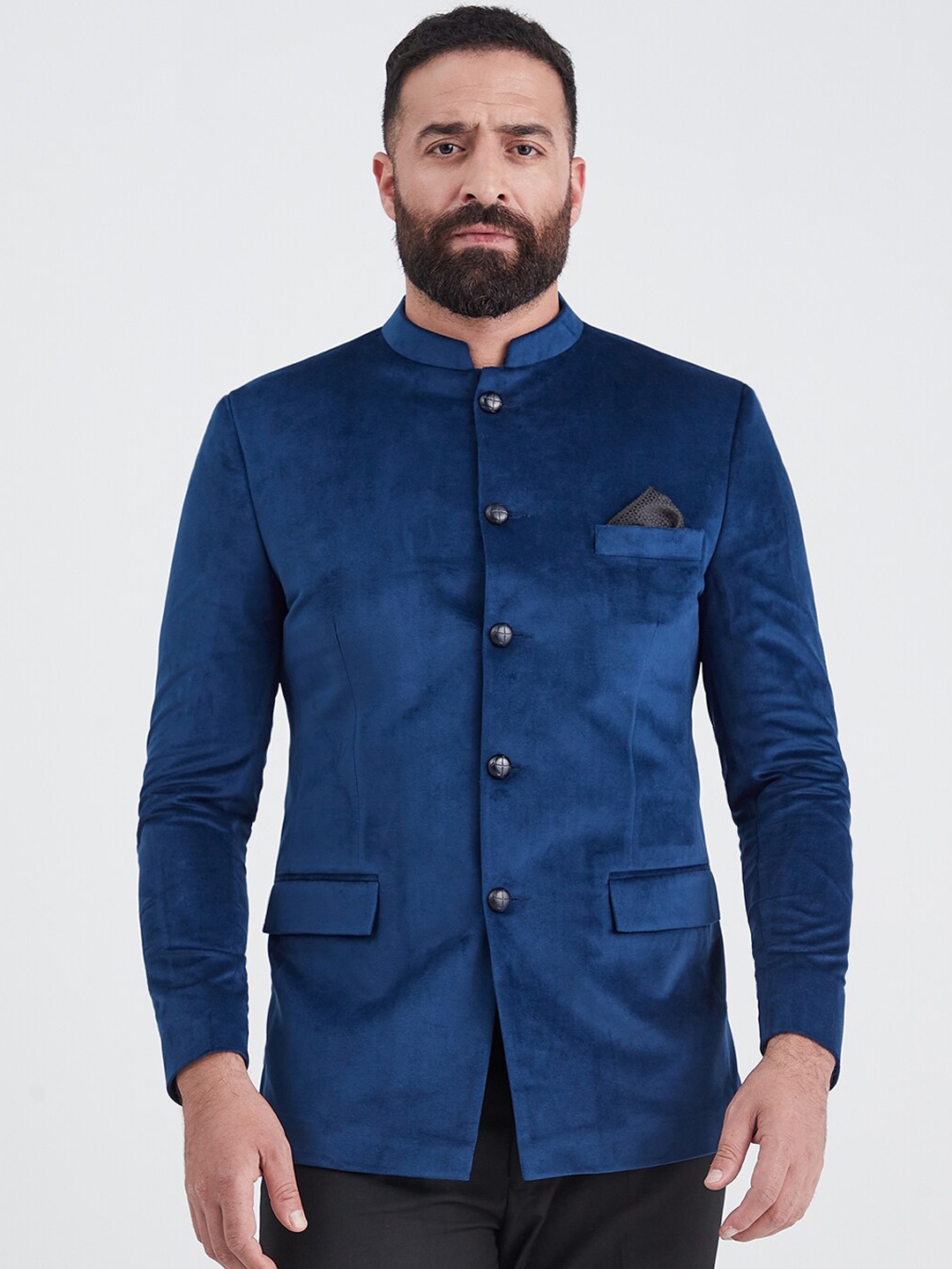 

MR BUTTON Men Blue Solid Slim-Fit Bandhgala Casual Blazers