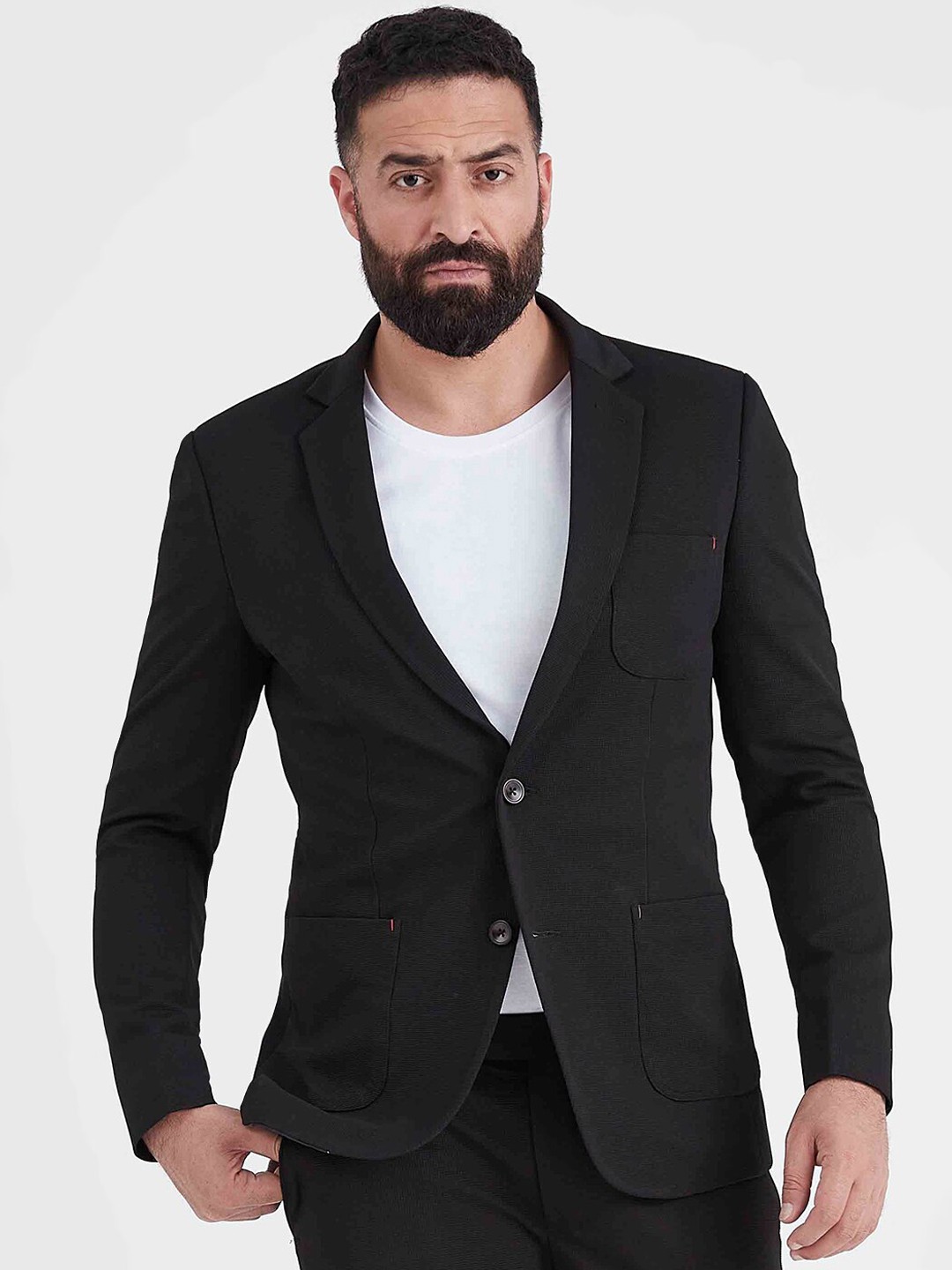

MR BUTTON Men Black Solid Single-Breasted Blazer