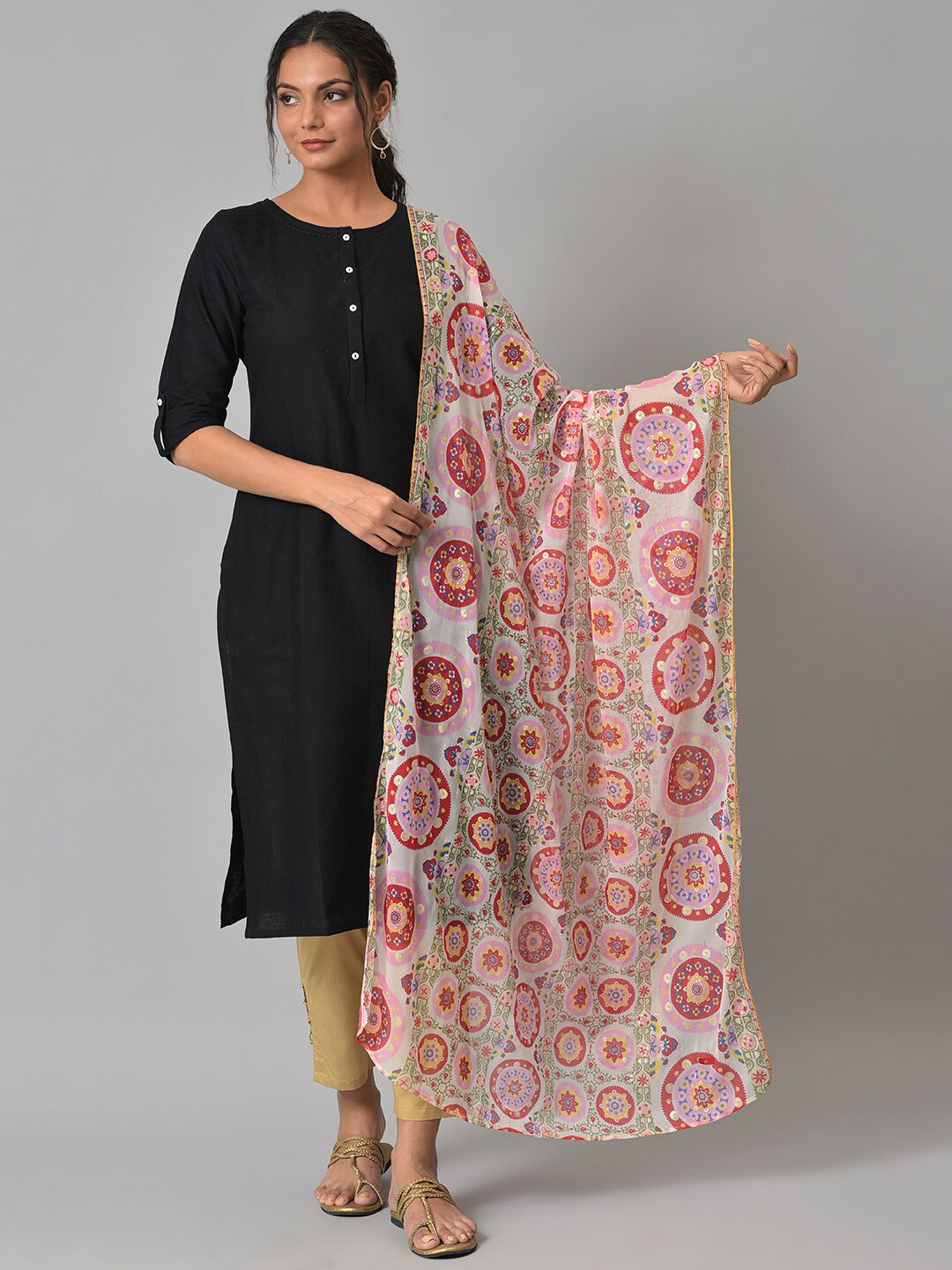 

W Women White & Pink Embroidered Dupatta
