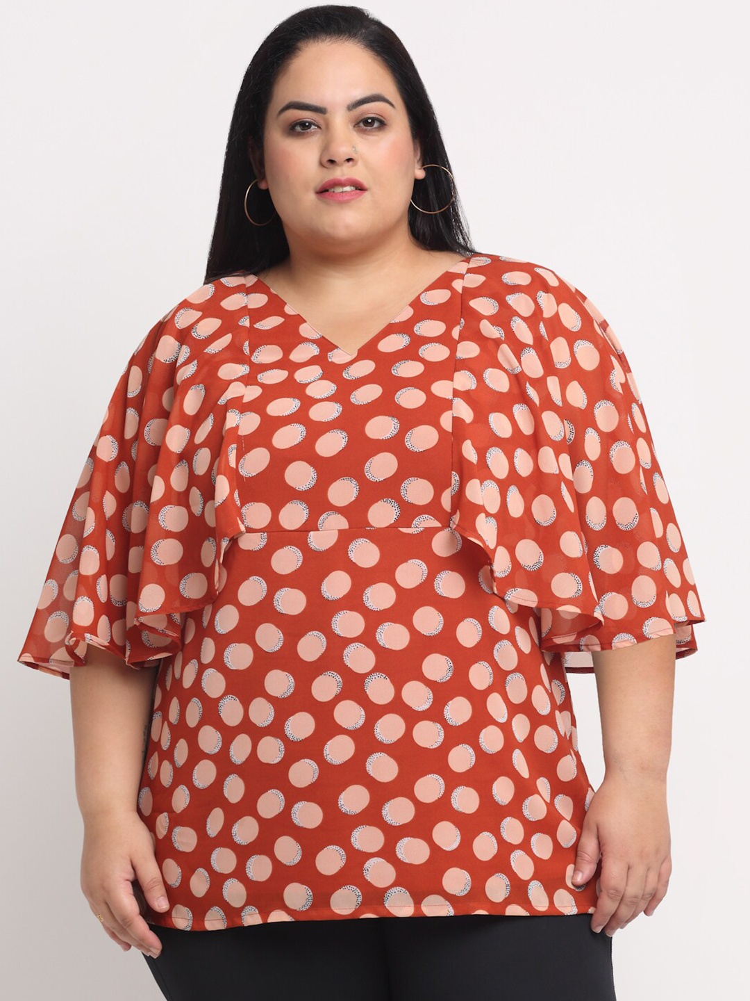 

plusS Orange Plus Size Polka Printed Top