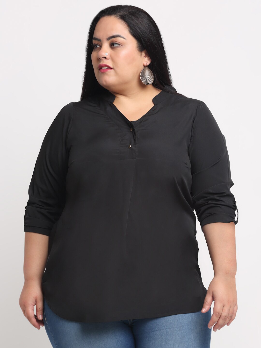 

plusS Black Plus Size Mandarin Collar Shirt Style Top