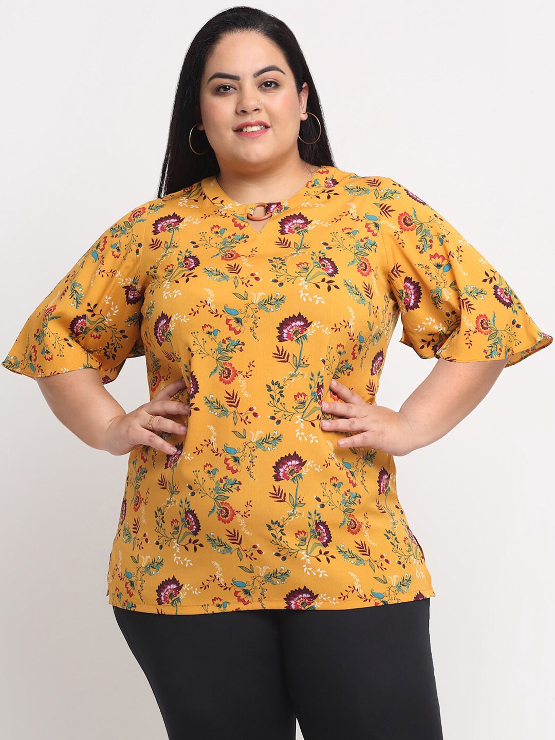 

plusS Mustard Yellow Plus Size Floral Print Top