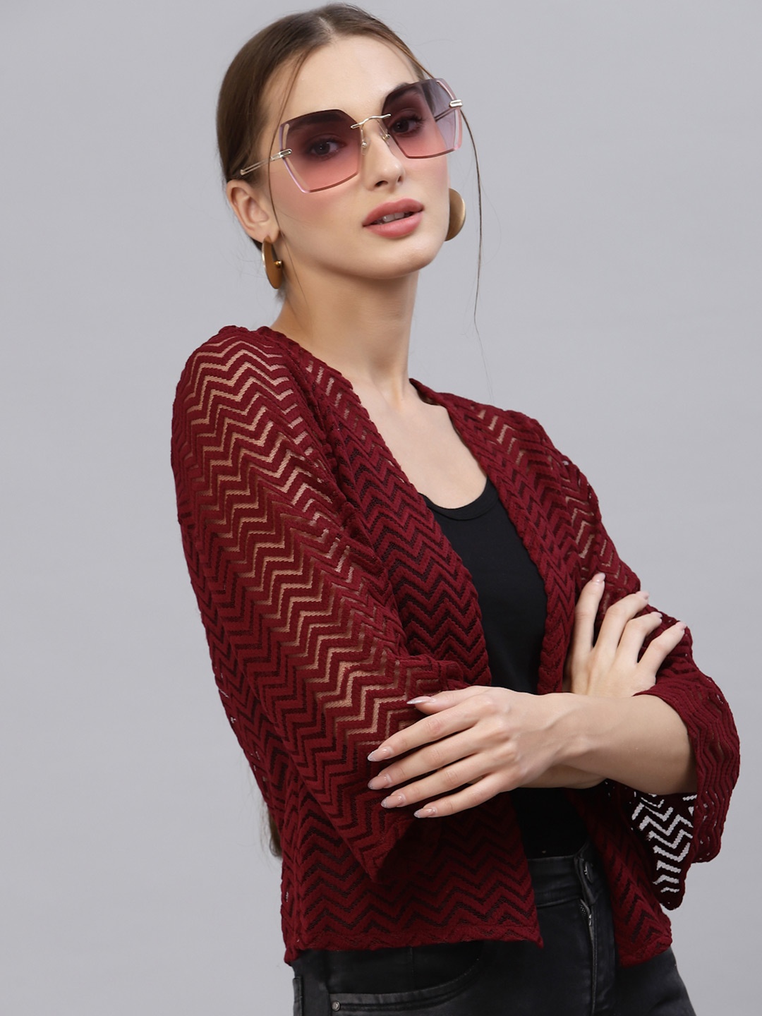 

Style Quotient Women Maroon Striped Shrug