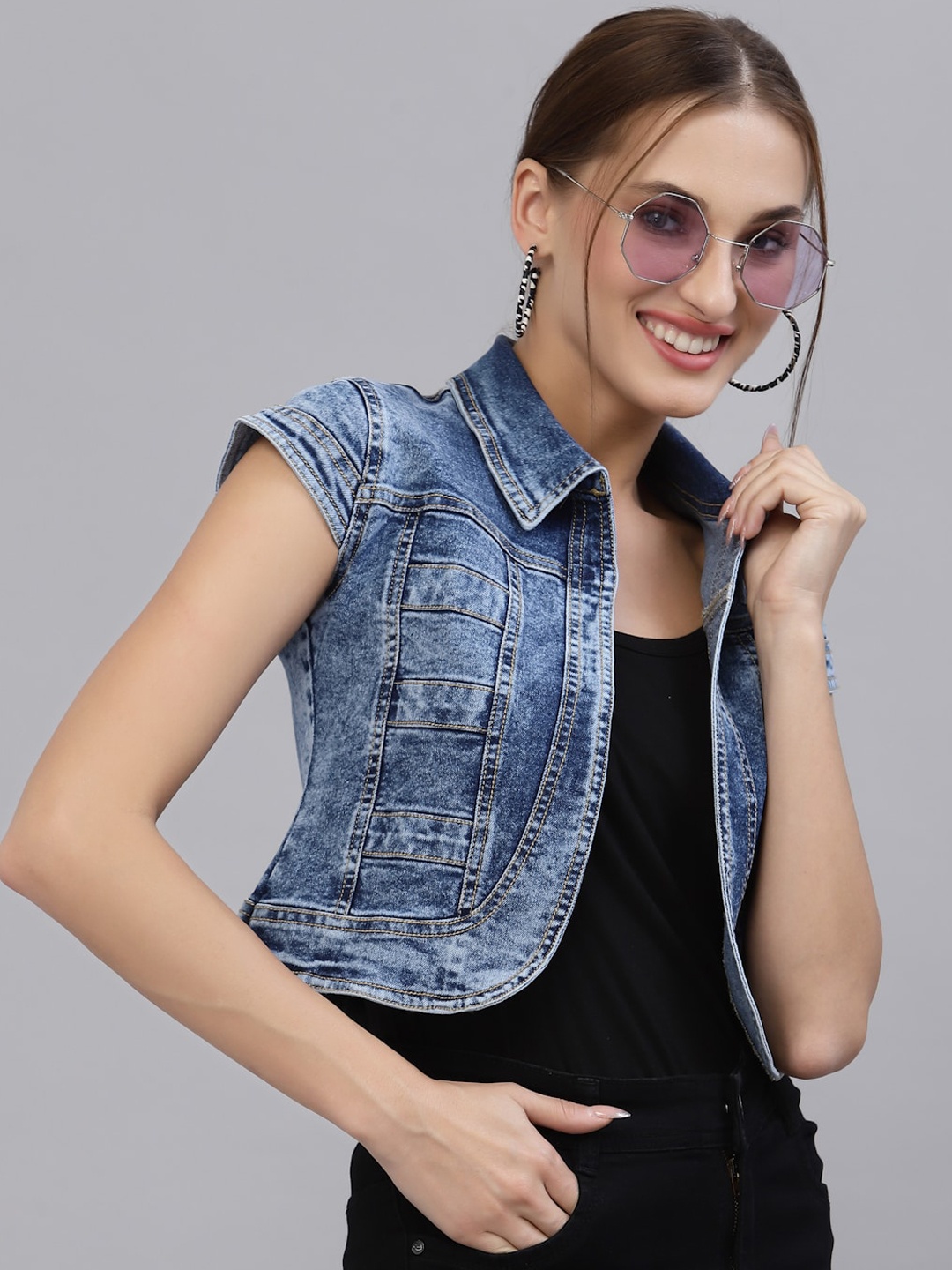 

Style Quotient Women Washed Crop Denim Shrug, Blue