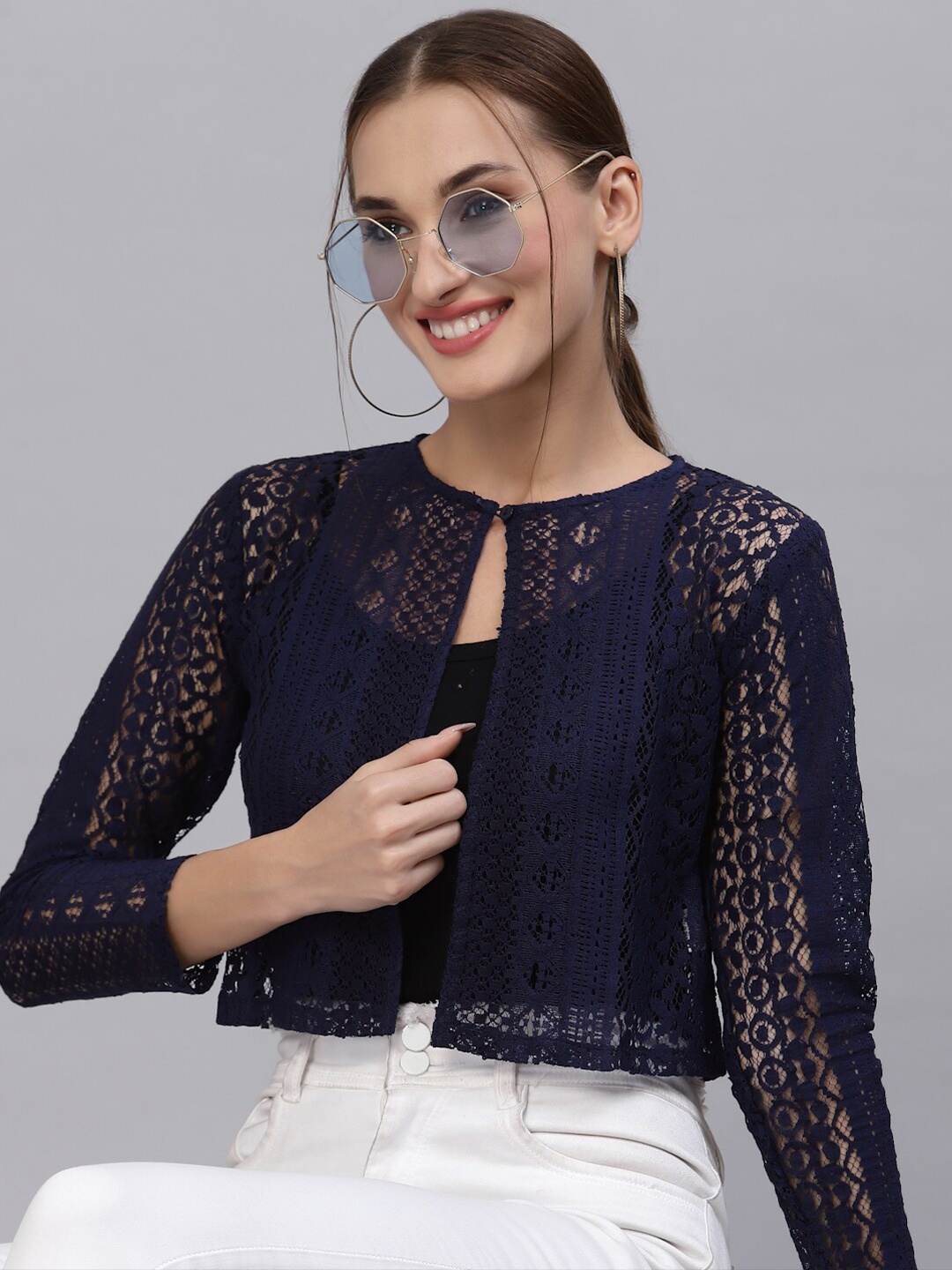 

Style Quotient Women Navy Blue Self Design Shrug
