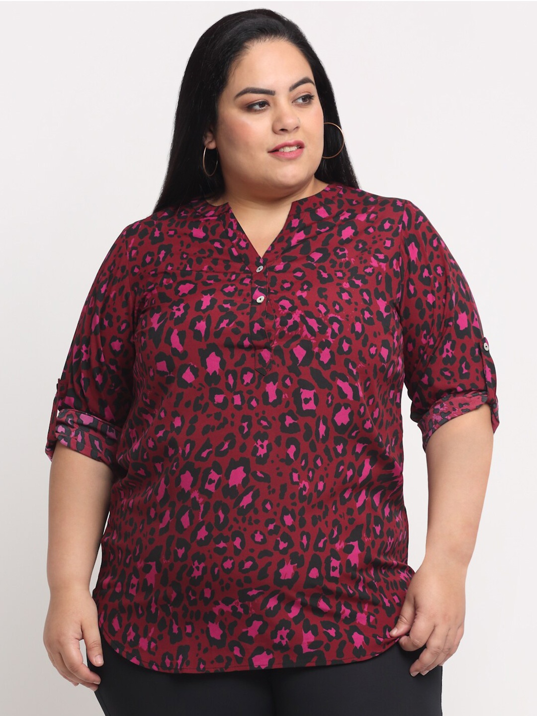 

plusS Red Floral Print Mandarin Collar Shirt Style Top, Pink
