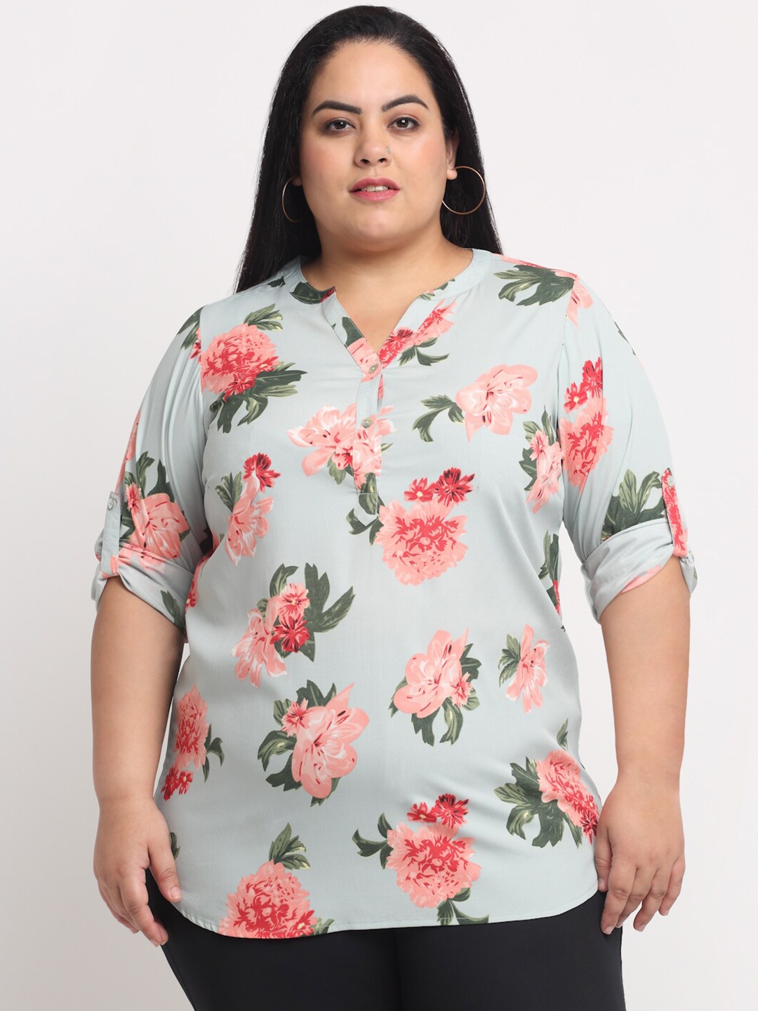 

plusS Women Sea Green & Red Floral Print Mandarin Collar Roll-Up Sleeves Top