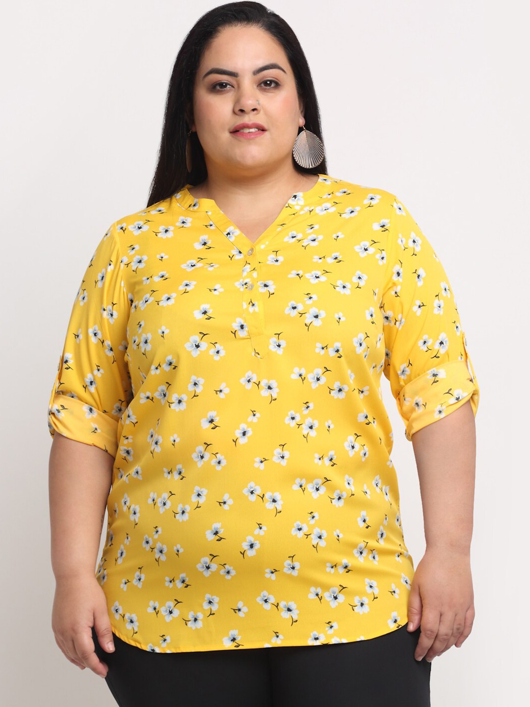 

plusS Women Plus size Yellow & White Floral Print Mandarin Collar Roll-Up Sleeves Top