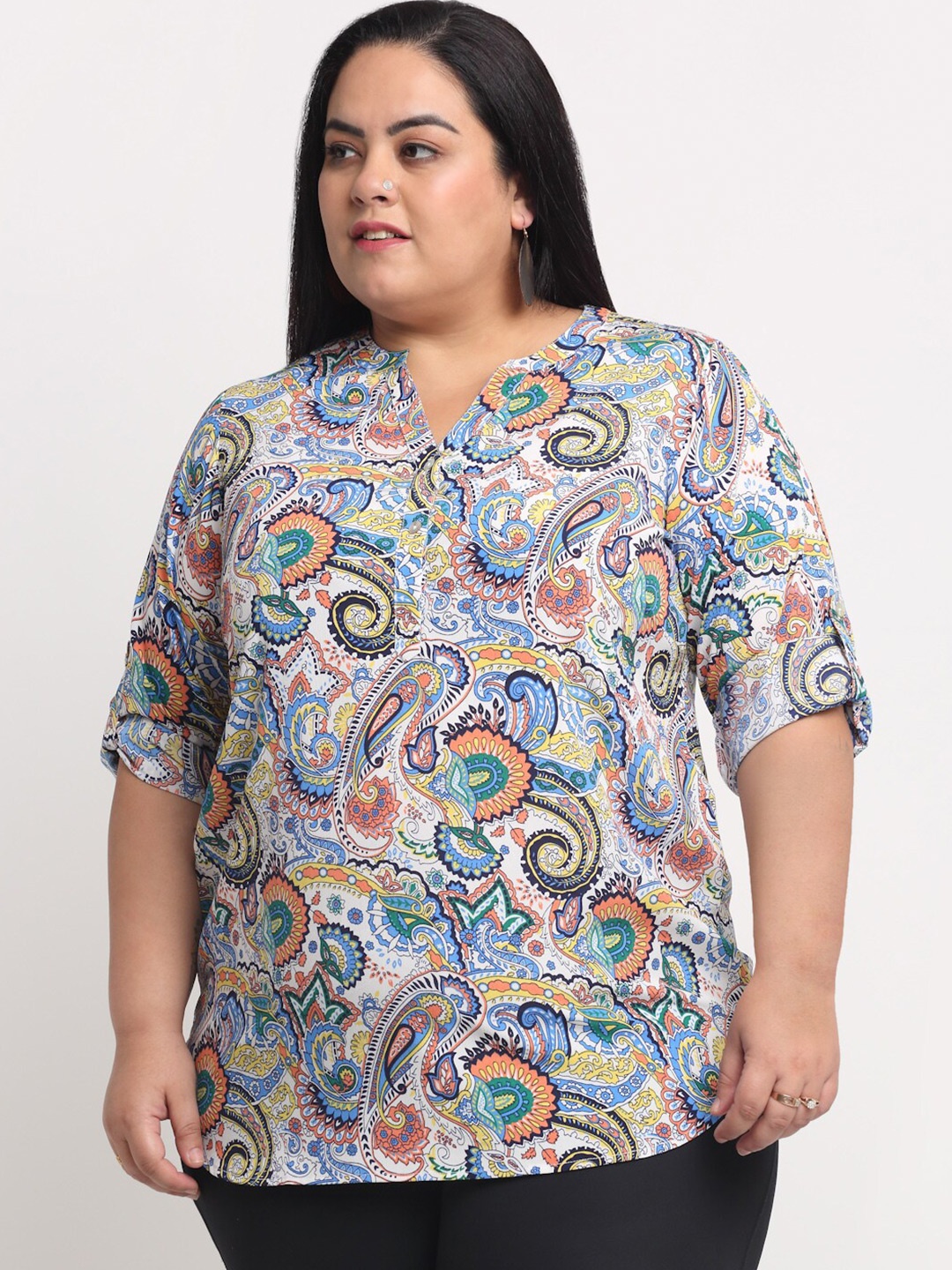 

plusS Plus Size Off White & Blue Printed Mandarin Collar Roll-Up Sleeves Top