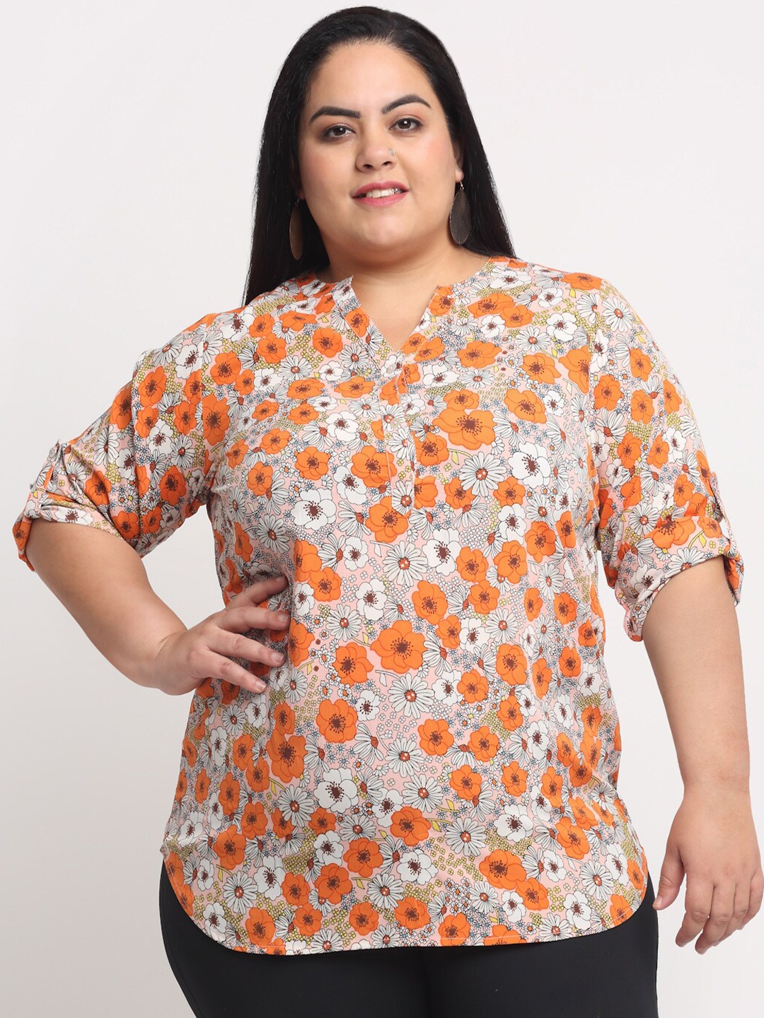 

plusS Orange Plus Size Floral Print Mandarin Collar Roll-Up Sleeves Top