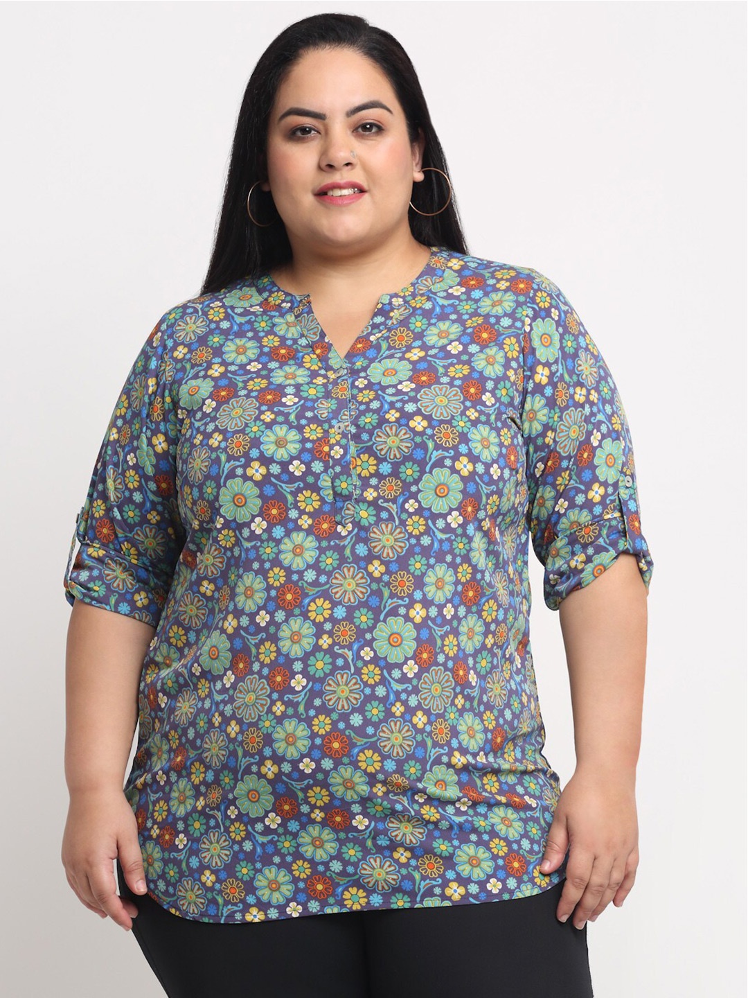 

plusS Women Blue & Brown Floral Print Roll-Up Sleeves Shirt Style Top