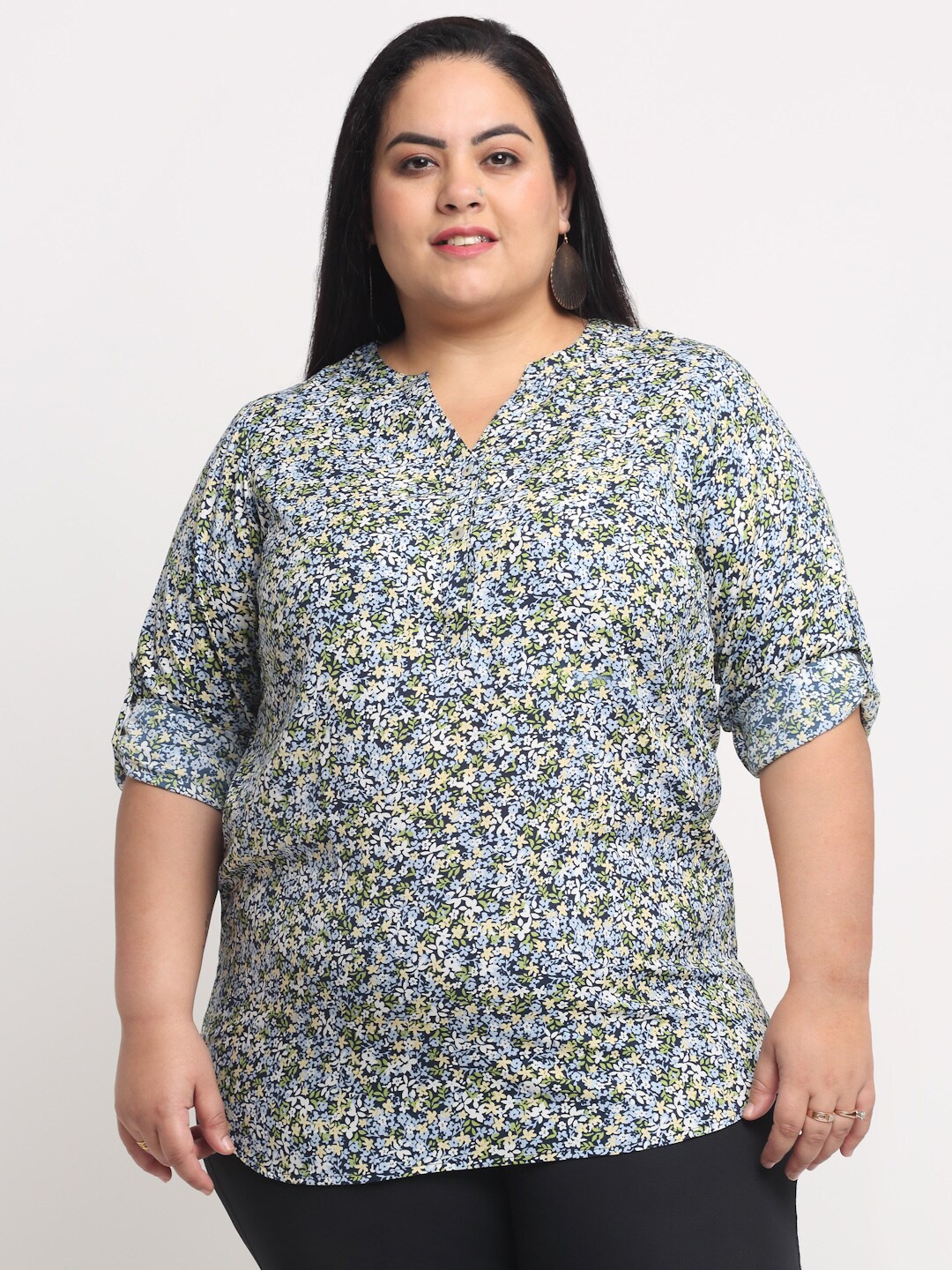 

plusS Women Blue & Beige Floral Print Mandarin Collar Roll-Up Sleeves Top