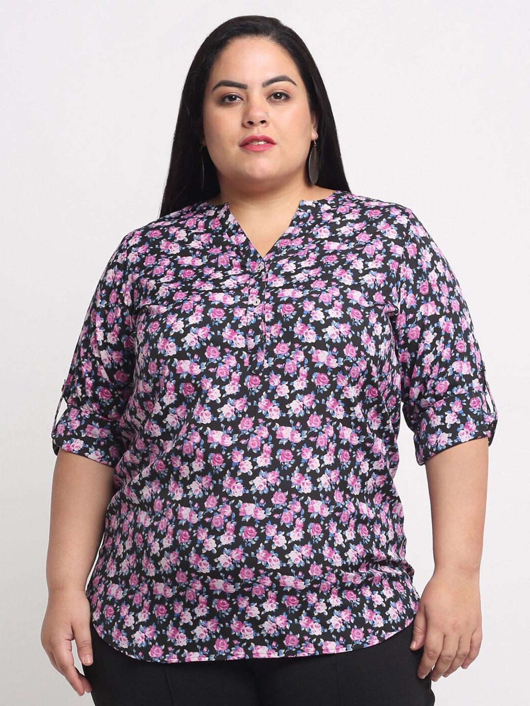 

plusS Black & Purple Floral Print Mandarin Collar Roll-Up Sleeves Top