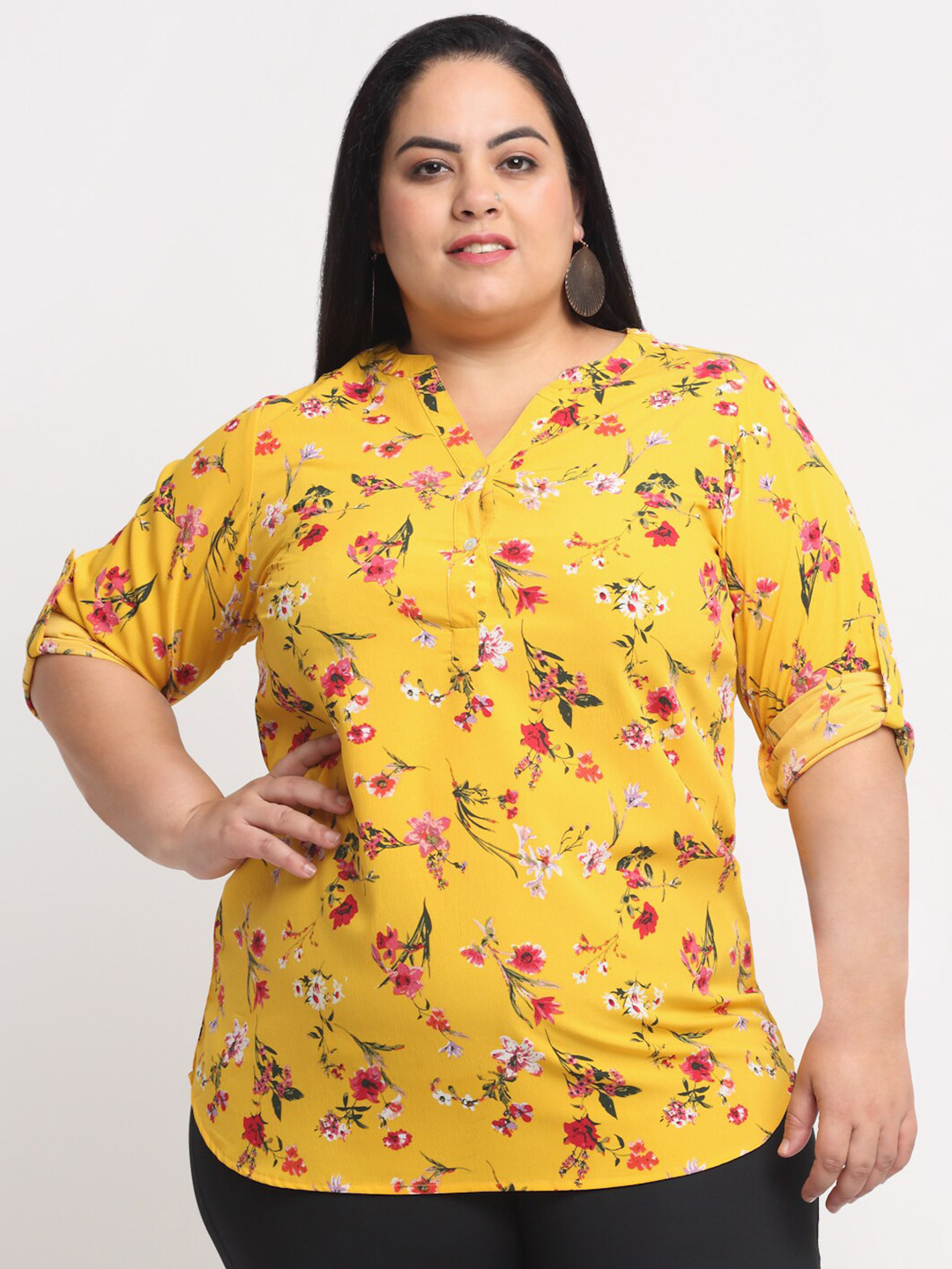 

plusS Women Plus Size Mustard Yellow & Pink Floral Print Collar Roll-Up Sleeves Top