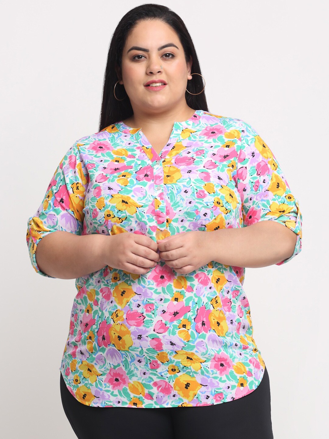 

plusS Pink & Yellow Plus Women Floral Print Roll-Up Sleeves Shirt Style Top