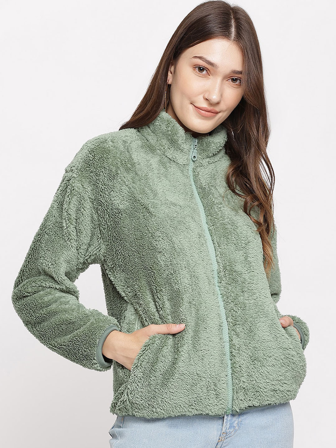 

Latin Quarters Women Green Fleece Tailored Jacket