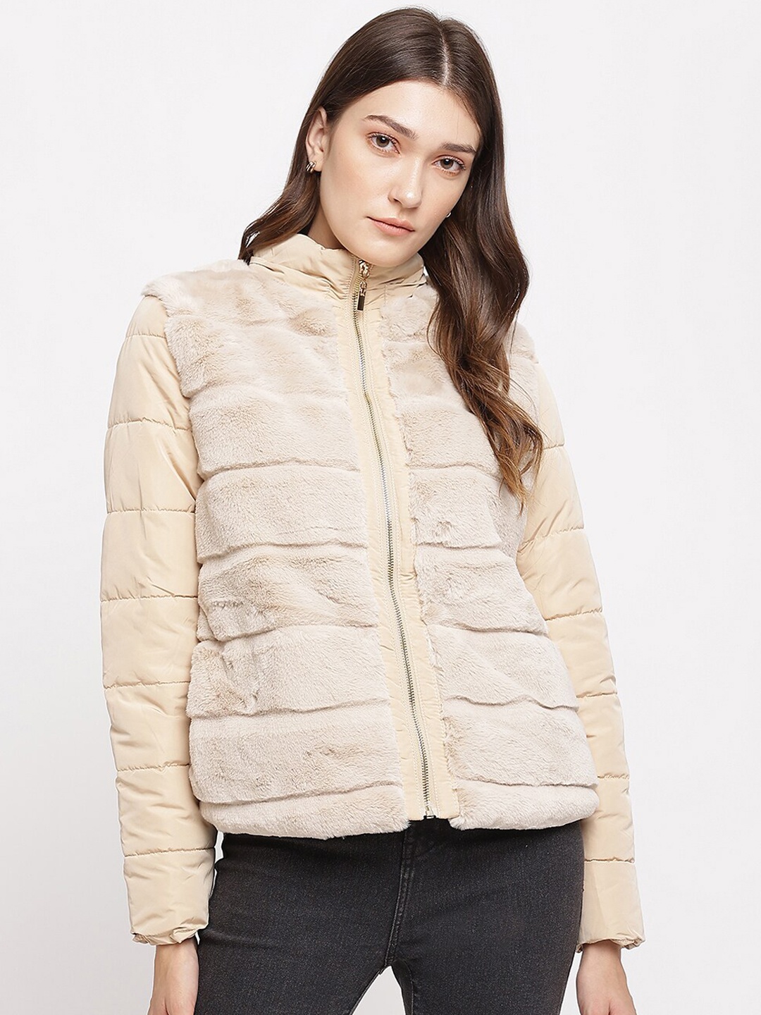 

Latin Quarters Women Beige Puffer Jacket with Patchwork