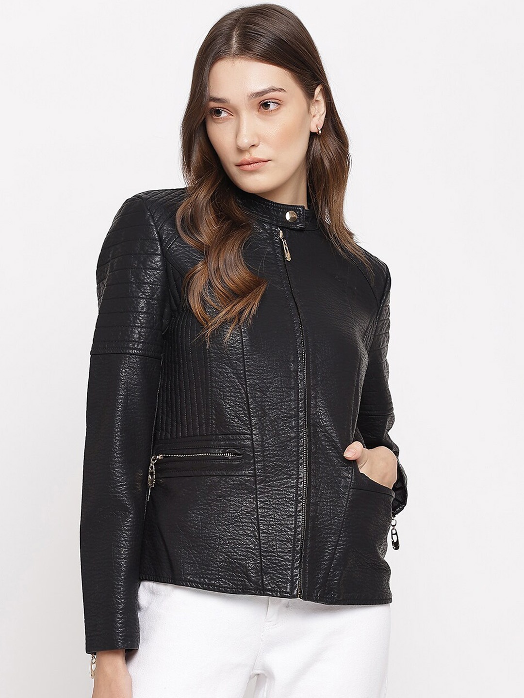 

Latin Quarters Women Black Biker Jacket with Patchwork