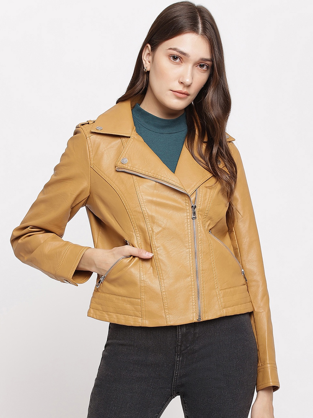 

Latin Quarters Women Brown Crop Biker Jacket