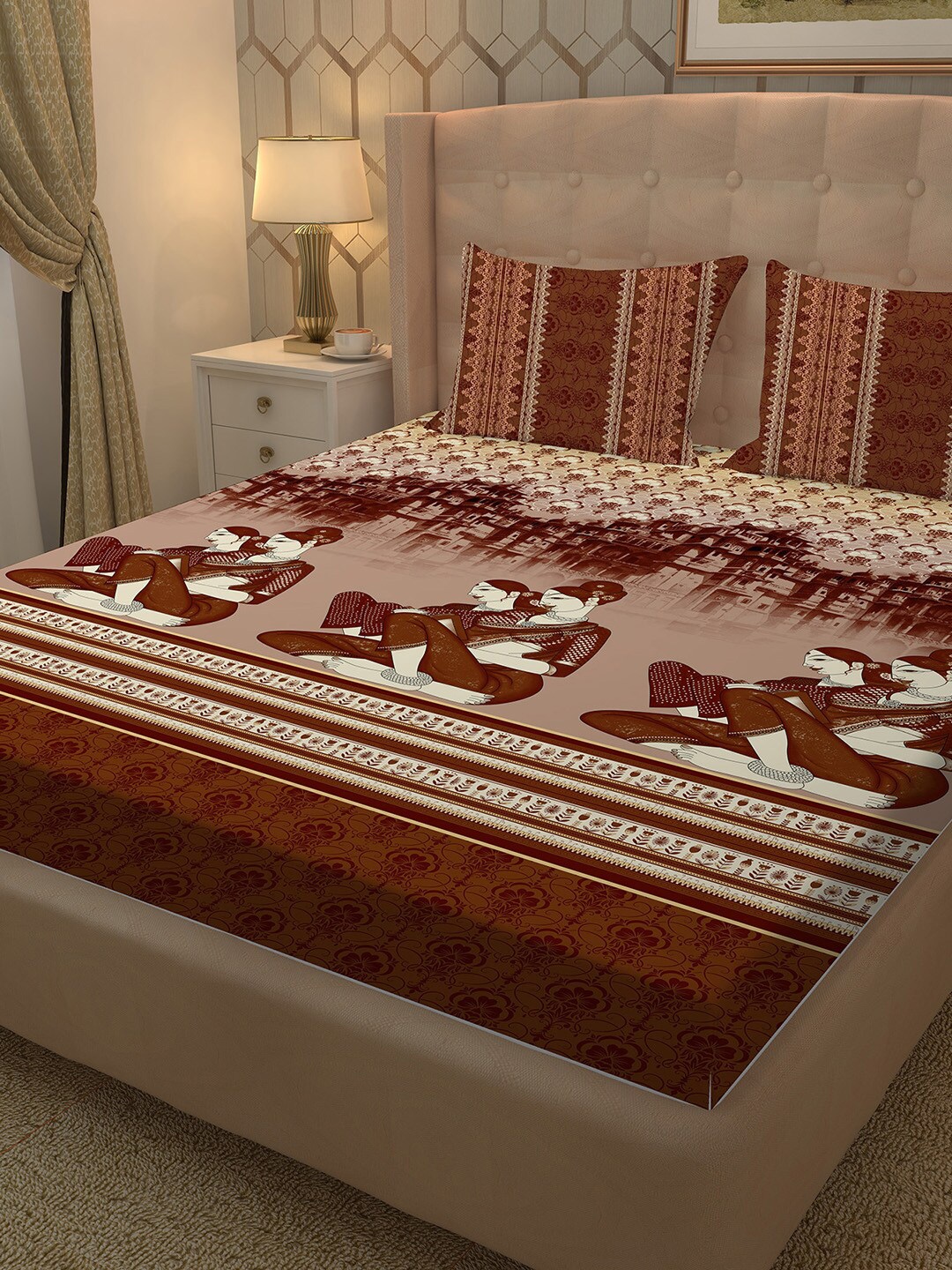 

BELLA CASA Cream-Coloured & Brown Graphic 250 TC King Bedsheet with 2 Pillow Covers
