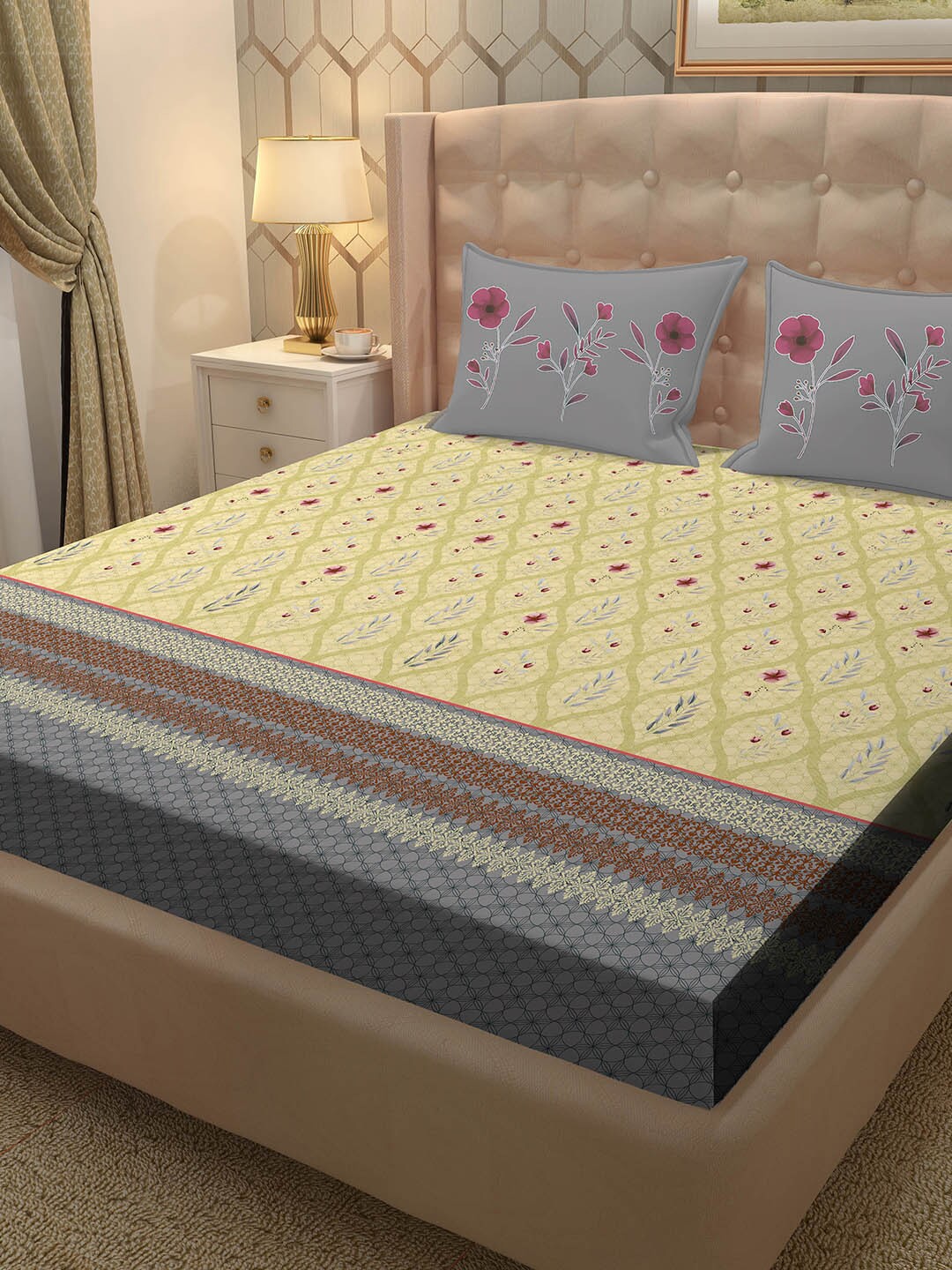 

BELLA CASA Yellow & Grey Floral 250 TC King Bedsheet with 2 Pillow Covers