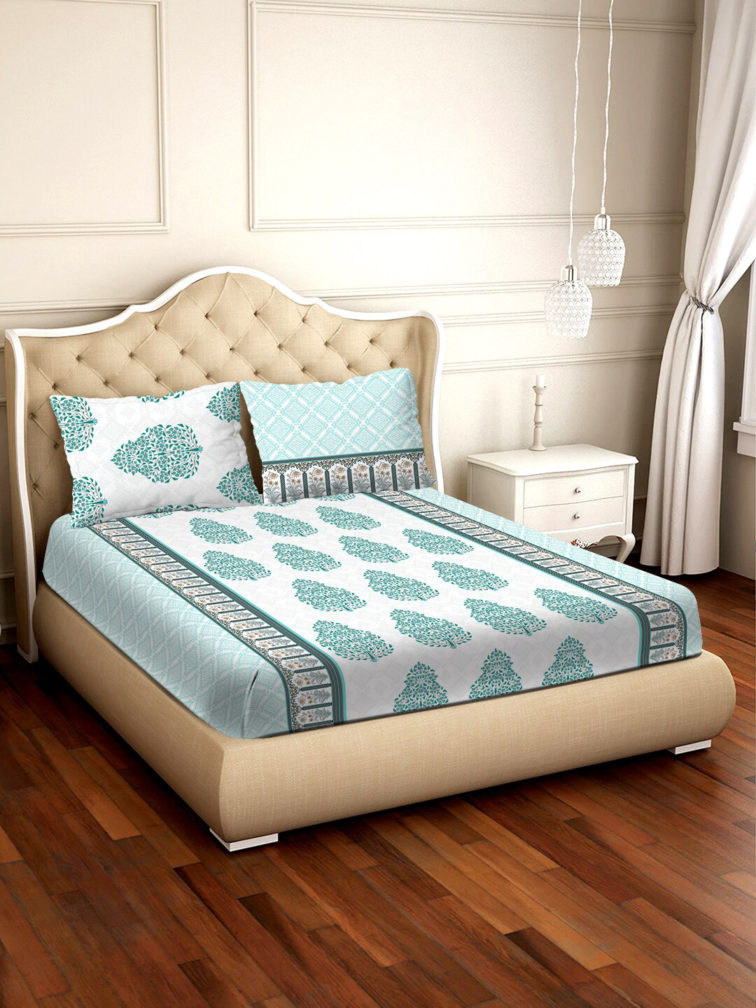 

BELLA CASA Teal & White Cotton Ethnic Motifs 250 TC King Bedsheet with 2 Pillow Covers