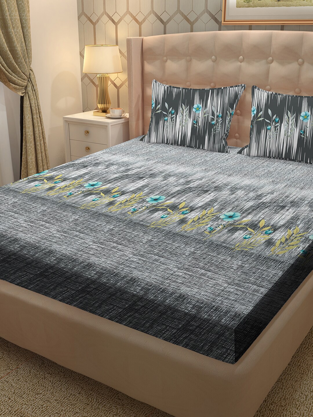 

BELLA CASA Grey & White 250 TC King Bedsheet with 2 Pillow Covers
