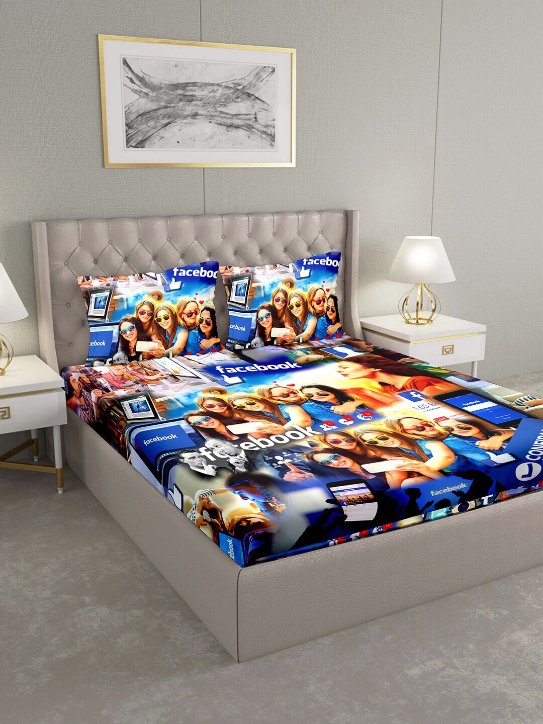 

BELLA CASA Blue & Brown Cotton 144 TC King Bedsheet with 2 Pillow Covers