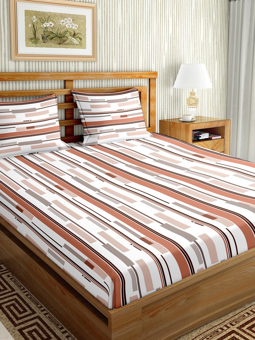 

BELLA CASA Brown & White Striped 150 TC King Bedsheet with 2 Pillow Covers