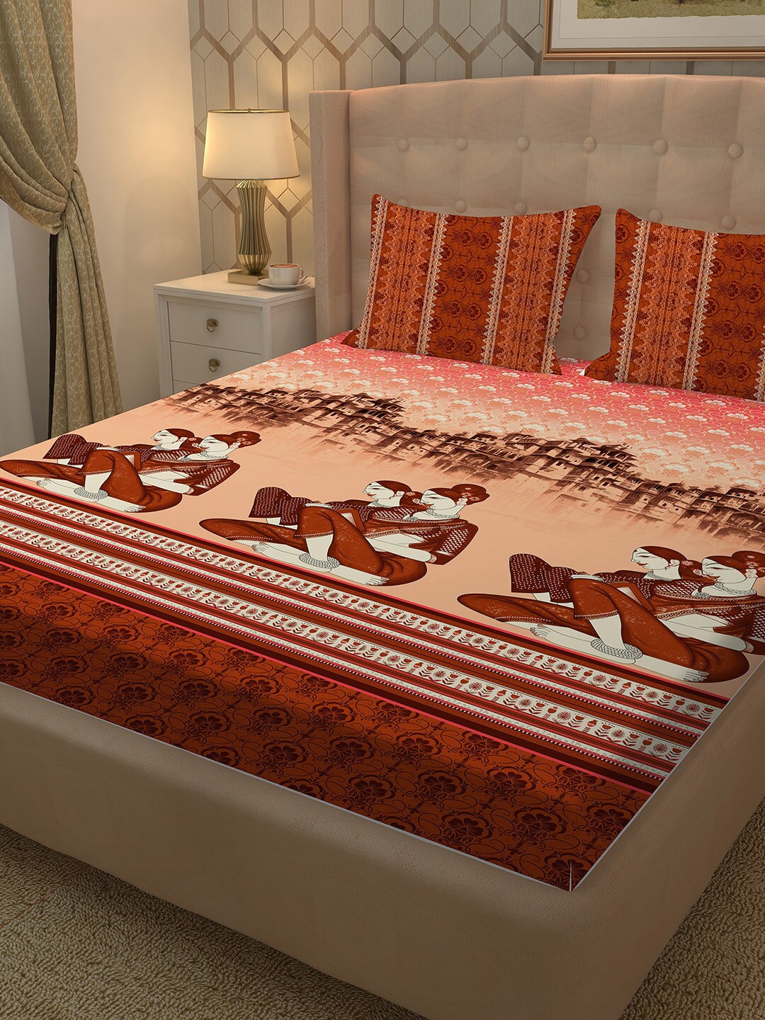 

BELLA CASA Red & Peach-Coloured 250 TC Cotton King Bedsheet with 2 Pillow Covers