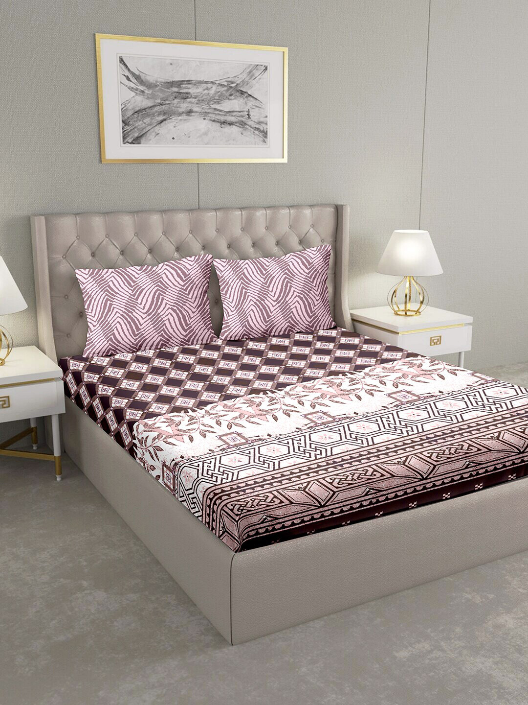 

BELLA CASA Mauve & White Geometric 180 TC King Bedsheet with 2 Pillow Covers