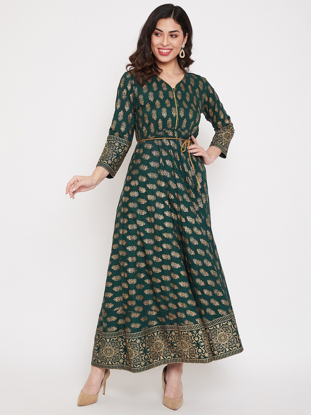

misbis Green & Gold Ethnic Motifs Printed Maxi Ethnic Dress