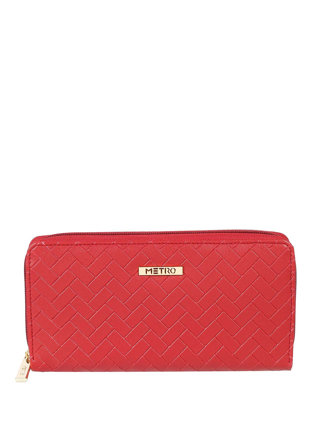 

Metro Women Red & Gold-Toned Checked Zip Around Wallet