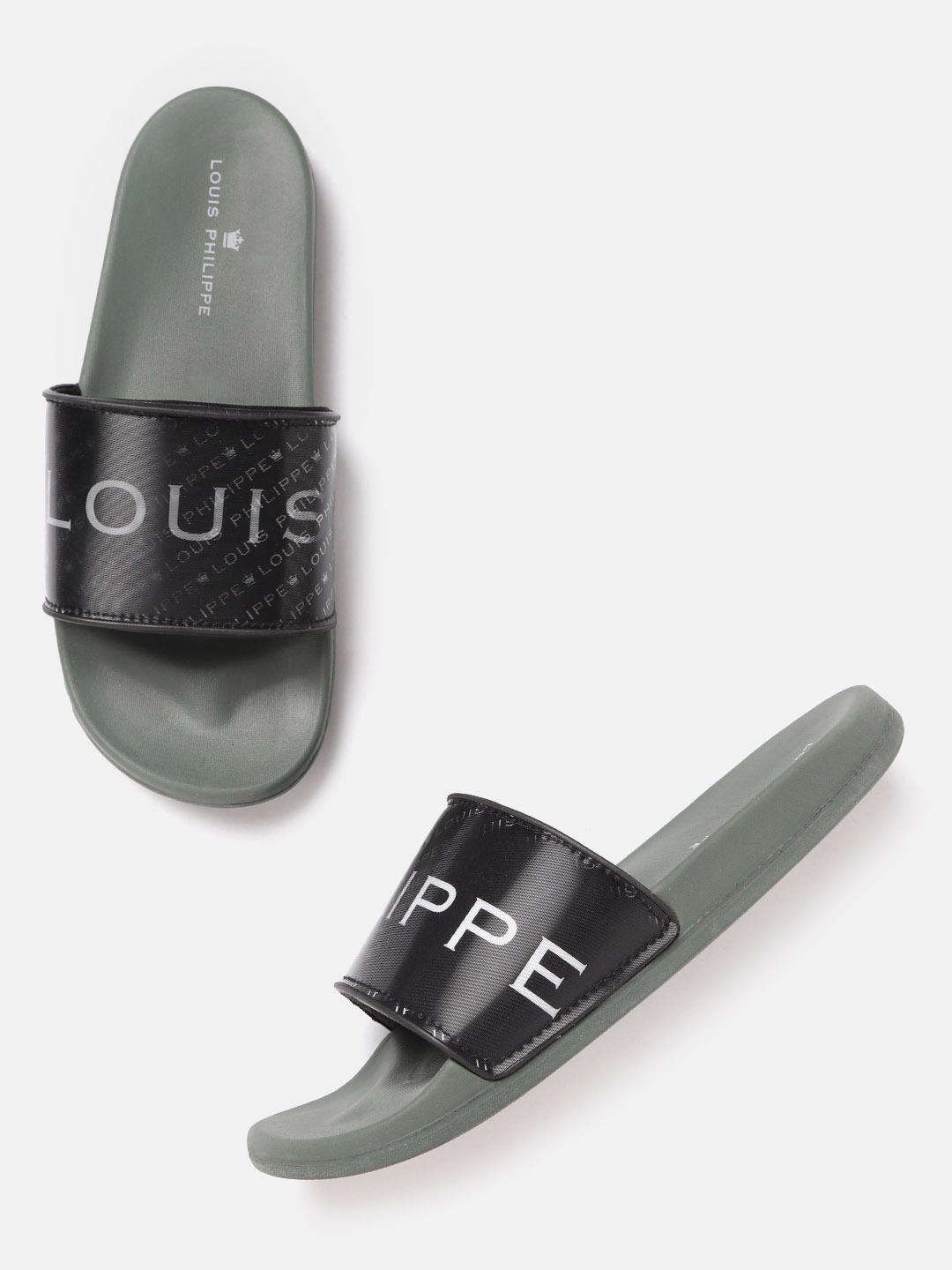 

Louis Philippe Men Olive Green & Black Brand Logo Print Sliders