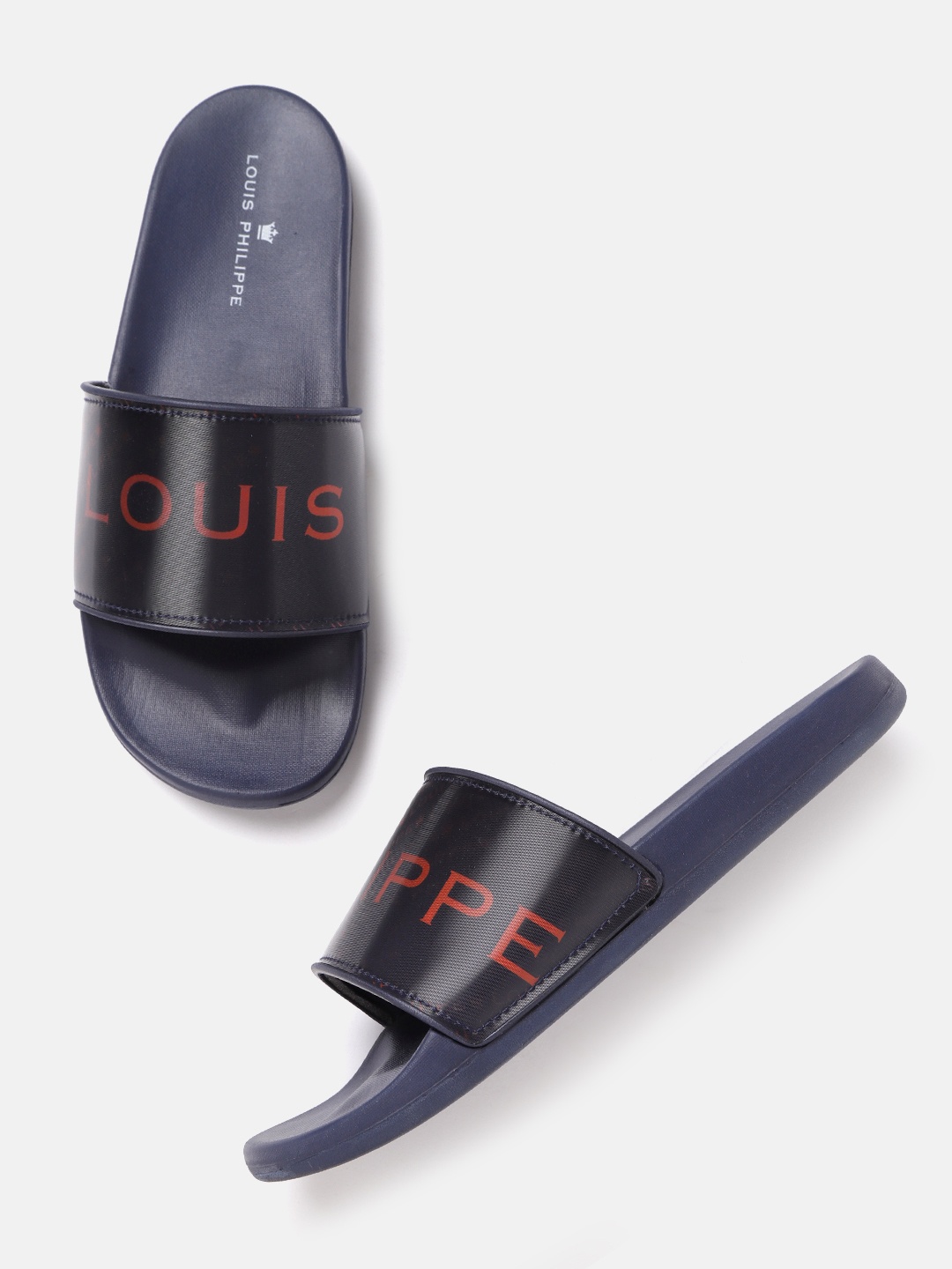 

Louis Philippe Men Navy Blue & Red Brand Logo Print Sliders