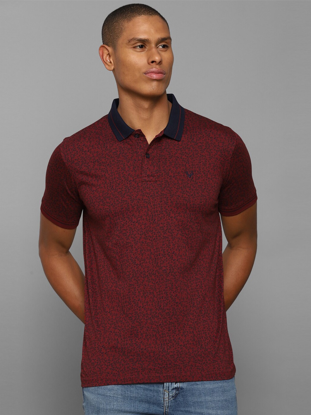 

Allen Solly Men Maroon & Black Floral Printed Collar Polo Pure Cotton T-shirt