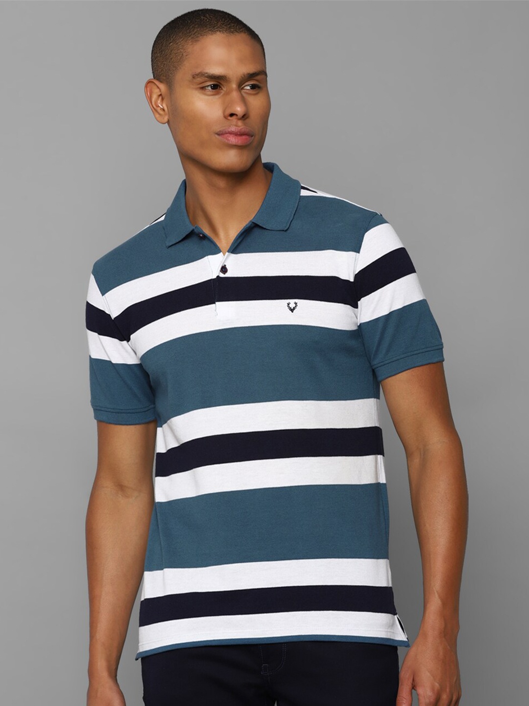 

Allen Solly Men Blue & White Striped Polo Collar Pure Cotton T-shirt
