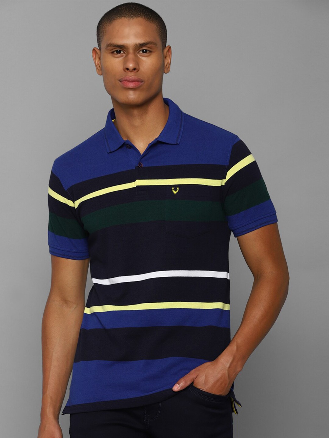 

Allen Solly Men Blue & Yellow Striped Polo Collar Pure Cotton T-shirt